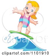 Happy Blond Surfer Girl Riding A Wave