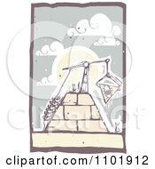 Woodcut Styled Workers Hoisting An Eye Block To The Top Of A Pyramid