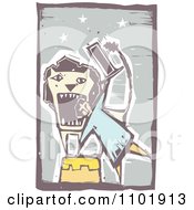 Clipart Woodcut Styled Circus Lion Tamer Putting His Head In The Cats Mouth Royalty Free Vector Illustration