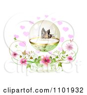 Poster, Art Print Of Butterfly In A Sphere Over Hearts And Blossoms On White