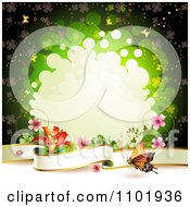 Poster, Art Print Of Butterfly Background With A Blank Banner And Flowers Against A Green Clover Pattern