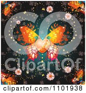 Poster, Art Print Of Ornate Orange Butterfly With A Heart Center Over Clovers On Teal