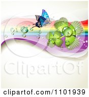 Clipart Spring Butterfly Background With Dewy Clovers And Rainbow Streaks 1 Royalty Free Vector Illustration