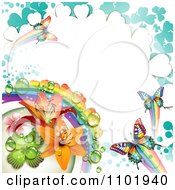Clipart Spring Butterfly Background With Dew Rainbows Clovers And Lilies Royalty Free Vector Illustration by merlinul