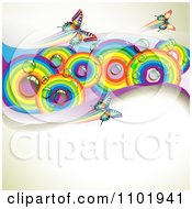 Poster, Art Print Of Spring Butterfly Background With Dewy Rainbow Circles On Beige
