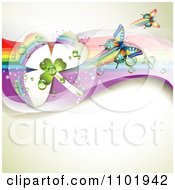 Poster, Art Print Of Spring Butterfly Background With Dewy Clovers And Rainbow Streaks 2