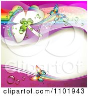 Poster, Art Print Of Spring Butterfly Background With Dewy Clovers And Rainbow Streaks 3