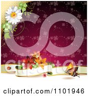 Poster, Art Print Of Butterfly Background With A Blank Banner And Flowers Over A Red Clover Pattern