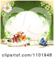 Butterfly Background With A Blank Banner Vine Frame And Flowers Over Green