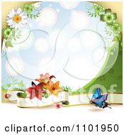 Poster, Art Print Of Butterfly Background With A Blank Banner And Flowers Over Blue