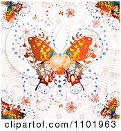 Poster, Art Print Of Ornate Orange Butterfly With A Heart Center Over Clovers And Rays