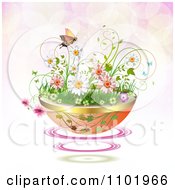 Planter Of Daisies And Spring Flowers With A Butterfly Over Pink Flares