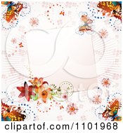 Poster, Art Print Of Pink Butterfly Background With Lilies And A Blank Note