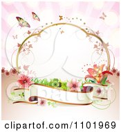 Poster, Art Print Of Blank Banner With A Frame Flowers And Butterflies On Pink