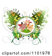 Poster, Art Print Of Green Butterfly With A Lily Center And Foliage