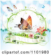 Poster, Art Print Of Orange Butterfly Over A Blank Banner Against Blue