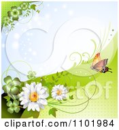 Poster, Art Print Of Orange Butterfly With Clovers And Daisies Around Copyspace 3