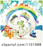 Poster, Art Print Of Blue Butterfly And Dewy Rainbow Clover With Lilies