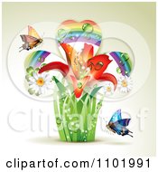 Poster, Art Print Of Lily Rainbow Shamrock Plant With Butterflies On Beige