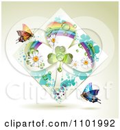 Poster, Art Print Of Rainbow Clover Shamrock Diamond With Butterflies On Beige