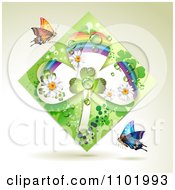 Poster, Art Print Of Green Rainbow Clover Shamrock Diamond With Butterflies On Beige