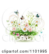 Poster, Art Print Of Spring Flowers Vines And Butterflies On White