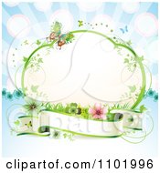 Poster, Art Print Of Blank Banner Under A Vine Frame With Butterflies And Flowers On Blue