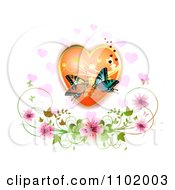 Poster, Art Print Of Kissing Butterflies Over A Floral Heart With Blossoms