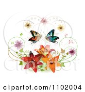 Poster, Art Print Of Butterfly Pair With Blossoms And Lilies On White