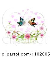 Poster, Art Print Of Butterfly Pair With Hearts Over Blossoms On White