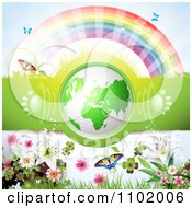 Poster, Art Print Of 3d Green Globe With Paw Print Sound Waves Under A Rainbow With Flowers