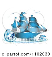 Poster, Art Print Of Blue Ship With Dolphins And A Globe