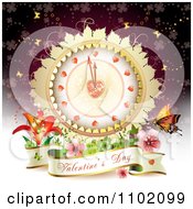 Poster, Art Print Of Valentines Banner Under A Heart Clock With Flowers And Butterflies On Purple