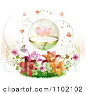 Poster, Art Print Of Protected Hearts In A Sphere Over Lilies And Butterflies On White
