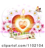 Poster, Art Print Of Heart Candle With A Valentines Day Banner Butterfly And Daisies On White