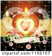 Poster, Art Print Of Heart Candle With A Valentines Day Banner Flowers And Butterfly Over Red 2