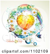 Poster, Art Print Of Valentines Day Text With A Dewy Heart In A Circle Of Rainbows And Butterflies And Flowers