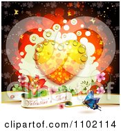 Poster, Art Print Of Valentine Day Banner Under A Dewy Orange Heart On Red