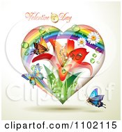 Poster, Art Print Of Rainbow Lily Valentine Heart With Dew And Butterflies