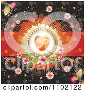 Poster, Art Print Of Valentine Background With An Orange Floral Heart Butterflies And Vines 2