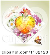 Poster, Art Print Of Valentines Day Text With A Dewy Heart In A Diamond Of Dew And Butterflies And Flowers