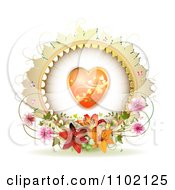 Poster, Art Print Of Round Heart Frame With Lilies Vines And Pink Blossoms On White