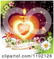 Poster, Art Print Of Heart Candle With A Valentines Day Banner Flowers And Butterfly Over Red 1
