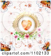 Poster, Art Print Of Heart Inside A Round Frame With Rays Butterflies And Flowers On Pink