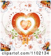 Poster, Art Print Of Heart Inside A Heart Over Pink Rays Butterflies And Flowers