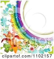 Poster, Art Print Of Dewy Rainbow Curve With Lilies And Clovers Around White Copyspace