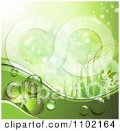 Clipart Green Dewy Shamrock St Patricks Day Background With Sunlight And Grasses Royalty Free Vector Illustration