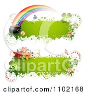 Clipart Green St Patricks Day Banners With A Pot Of Gold Rainbow Shamrocks And Lilies Royalty Free Vector Illustration