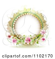Round Frame With Vines And Pink Blossoms On White