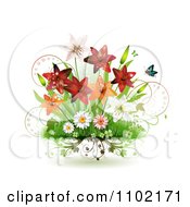 Poster, Art Print Of Spring Lilies Daisies And Shamrocks With Butterflies On White